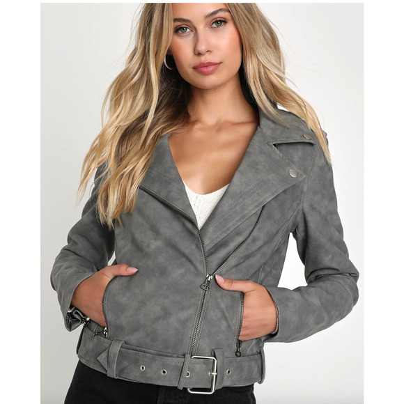 NWT Charcoal Grey Vegan‎ Leather Size XL Gray Zip Pockets Asymmetrical Belted - Picture 1 of 9